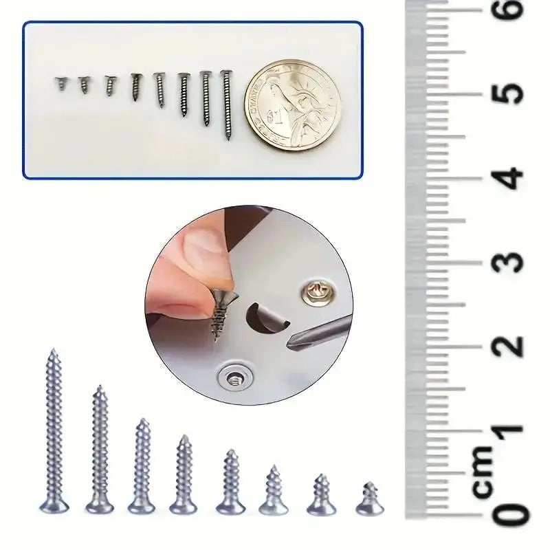 Box of 560 Self-Tapping Wood Screw Set - Includes 8 Different Sizes of M2 Flat Metal Screw Classification Kit