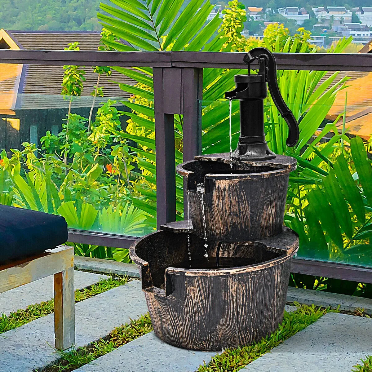 2 Tier Barrel Waterfall Fountain, Barrel Water Fountain Pump, Outdoor Garden Decor