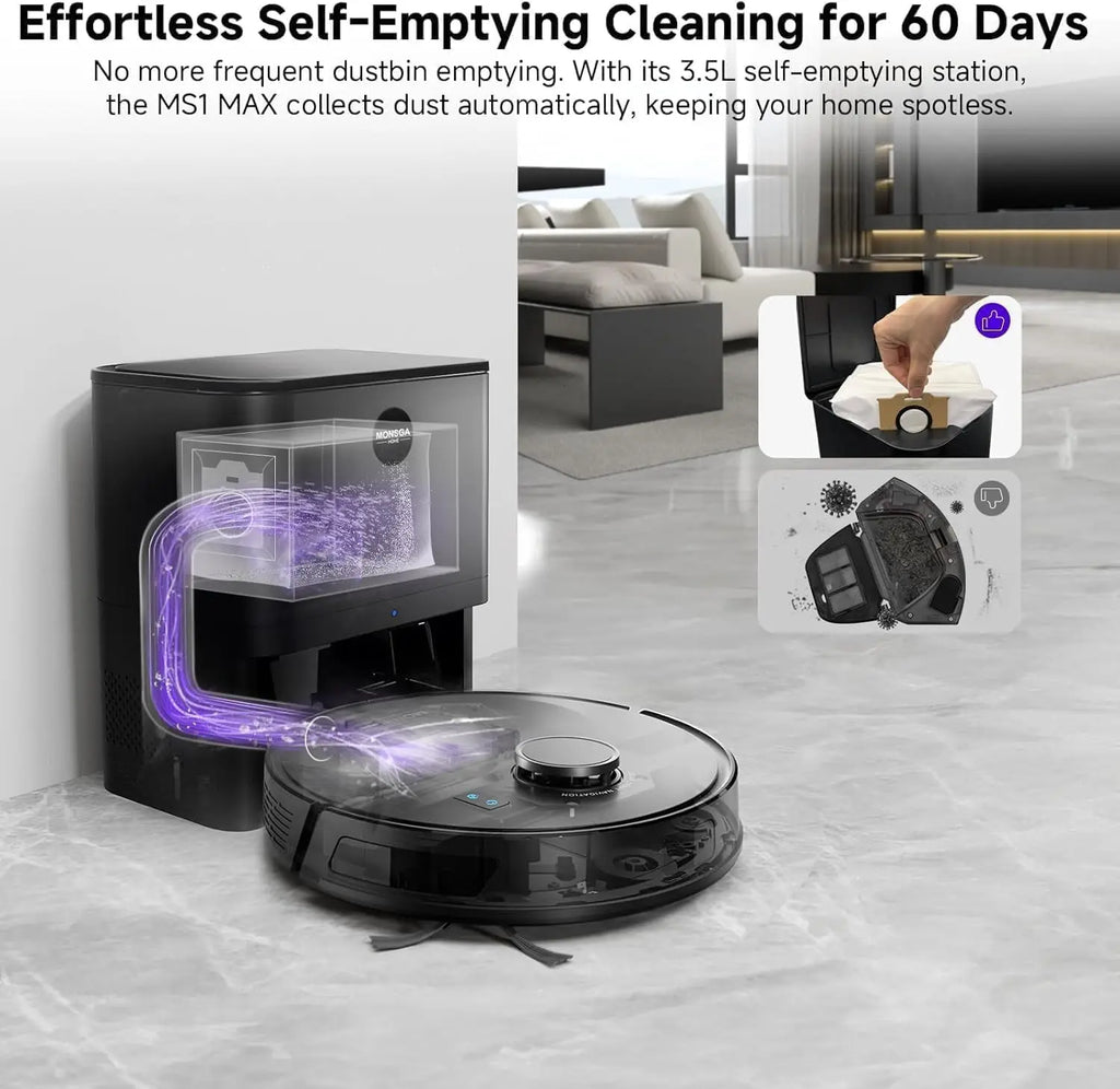 MONSGA Home Robot Vacuum and Mop Combo, 6000Pa Self-Emptying Robot Vacuum with LiDAR Navigation, 180mins Runtime, App/Voice Control