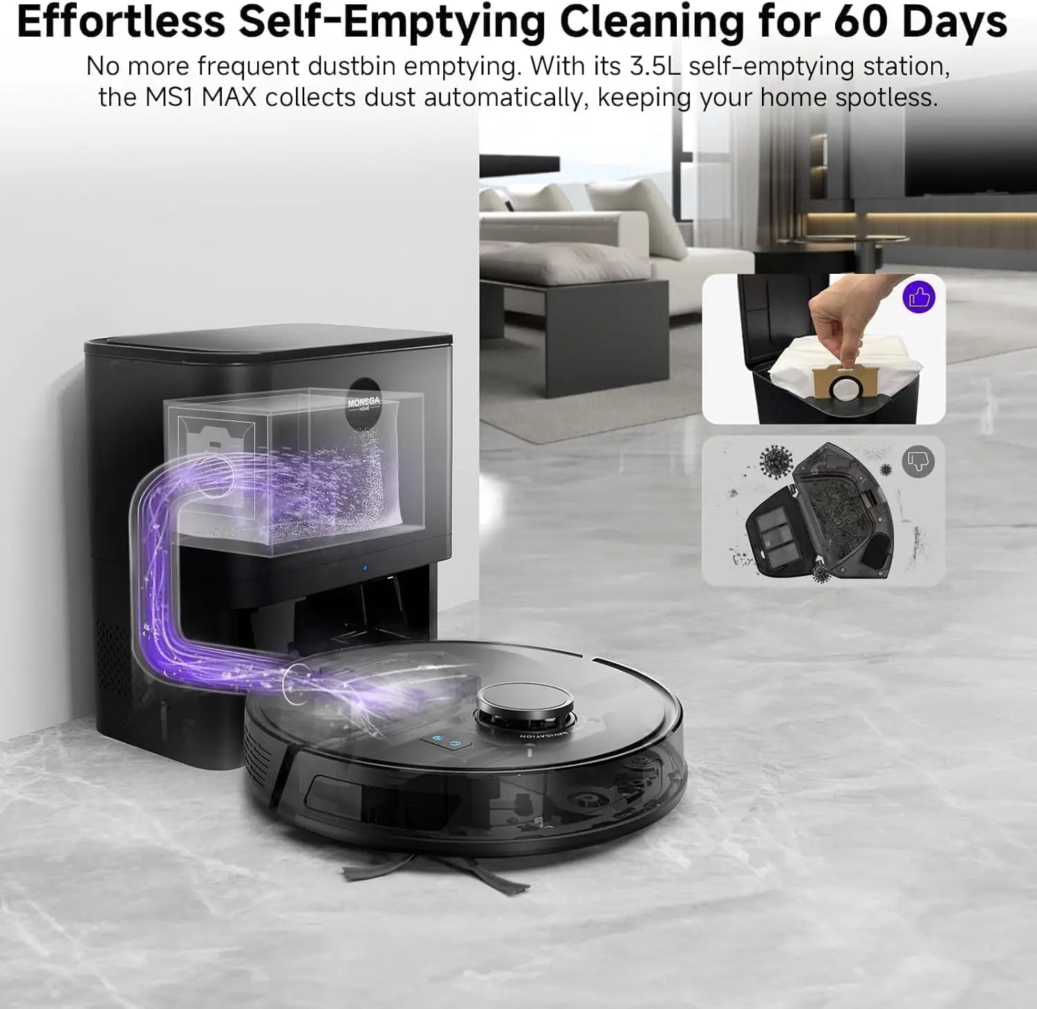 MONSGA Home Robot Vacuum and Mop Combo, 6000Pa Self-Emptying Robot Vacuum with LiDAR Navigation, 180mins Runtime, App/Voice Control