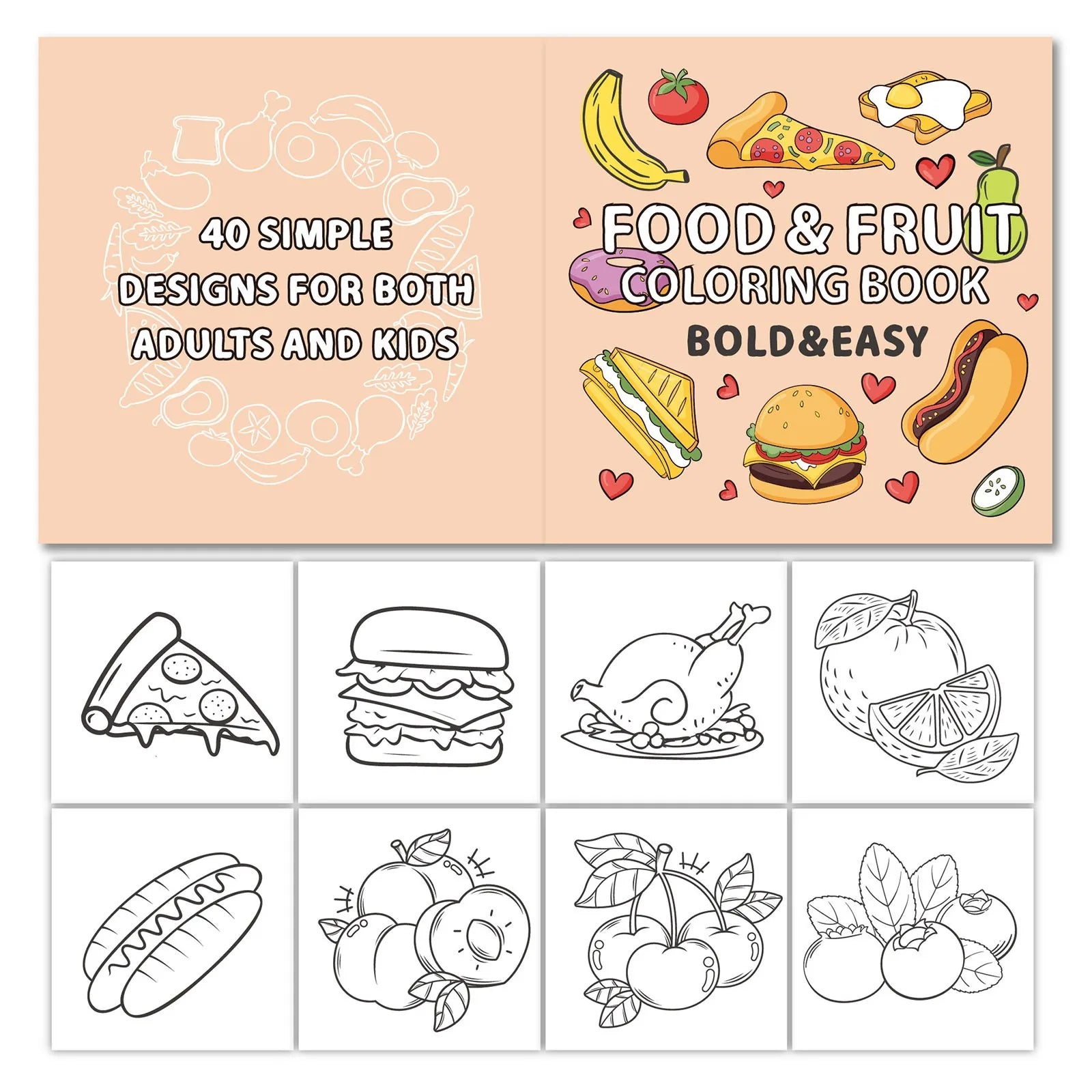 Children's Bold And Easy Coloring Book, Montessori Drawing Food Fruit. Color Markers or Painting, Educational Creative Graffiti Notebook