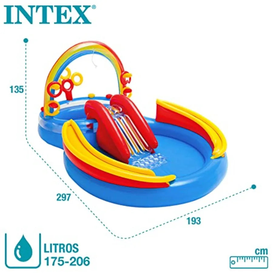 Intex 9.75 Foot x 6.3 Foot x 53 Inch Multicolor Rainbow Slide Inflatable Pool with Water Slide and Ring Toss