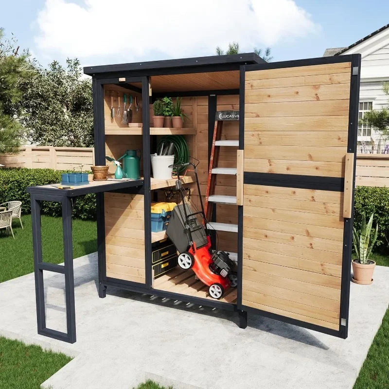 Jocisland Solid Fir Wood Outdoor Storage Shed,Garden Tool Shed with Foldable Workbench, Adjustable Shelves,Sloping Roof