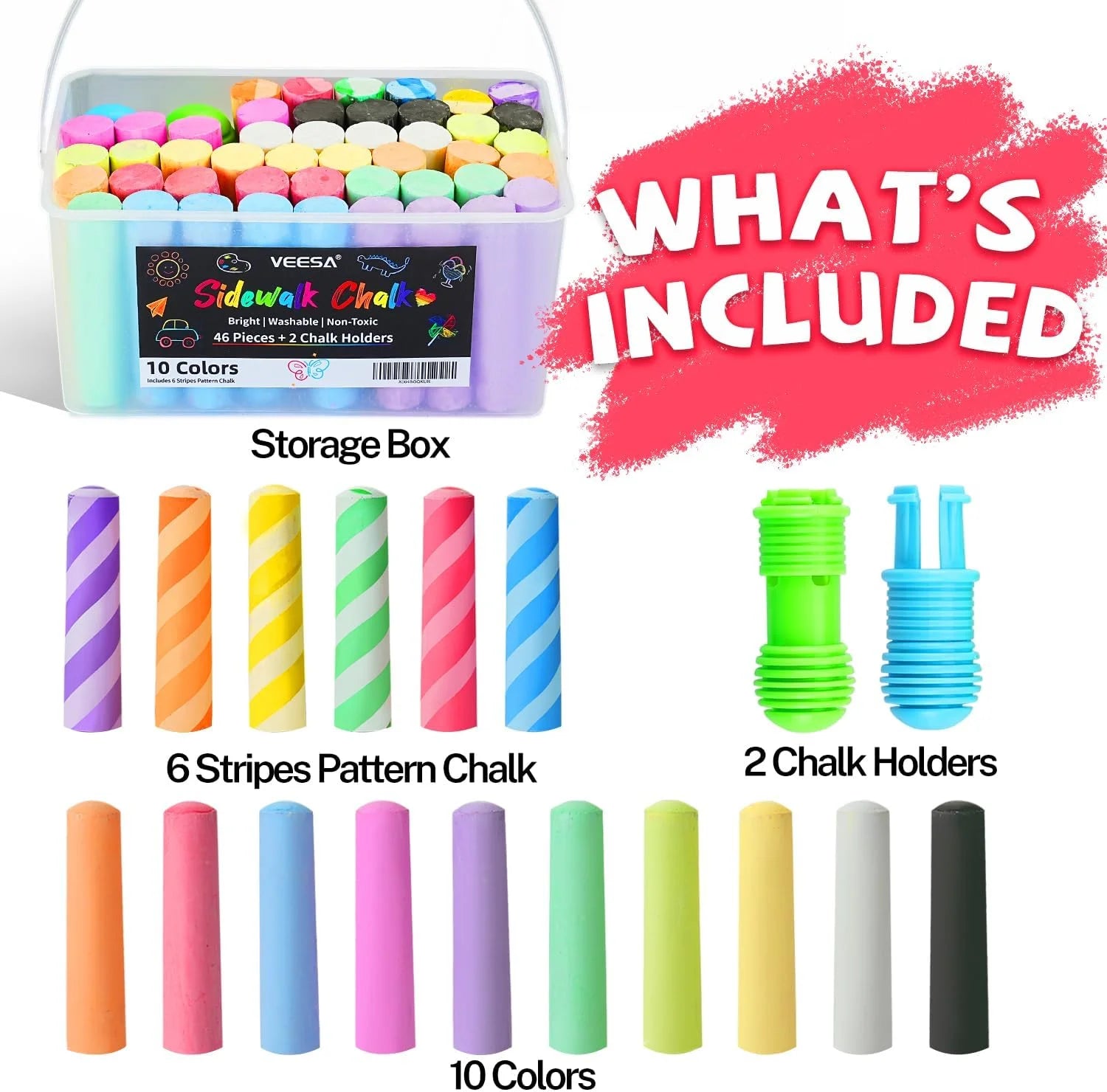 46-Piece Washable Sidewalk Chalk Set, Sidewalk Chalk with Holders, Jumbo Chalk Sticks for Kids Outdoor Fun and Creativity