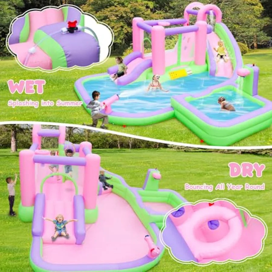 YAO HUI HUANG Backyard summer inflatable water slide bounce house with blower for 5 kids PVC material Pink, Purple, Green, Yellow splash pools & water cannon