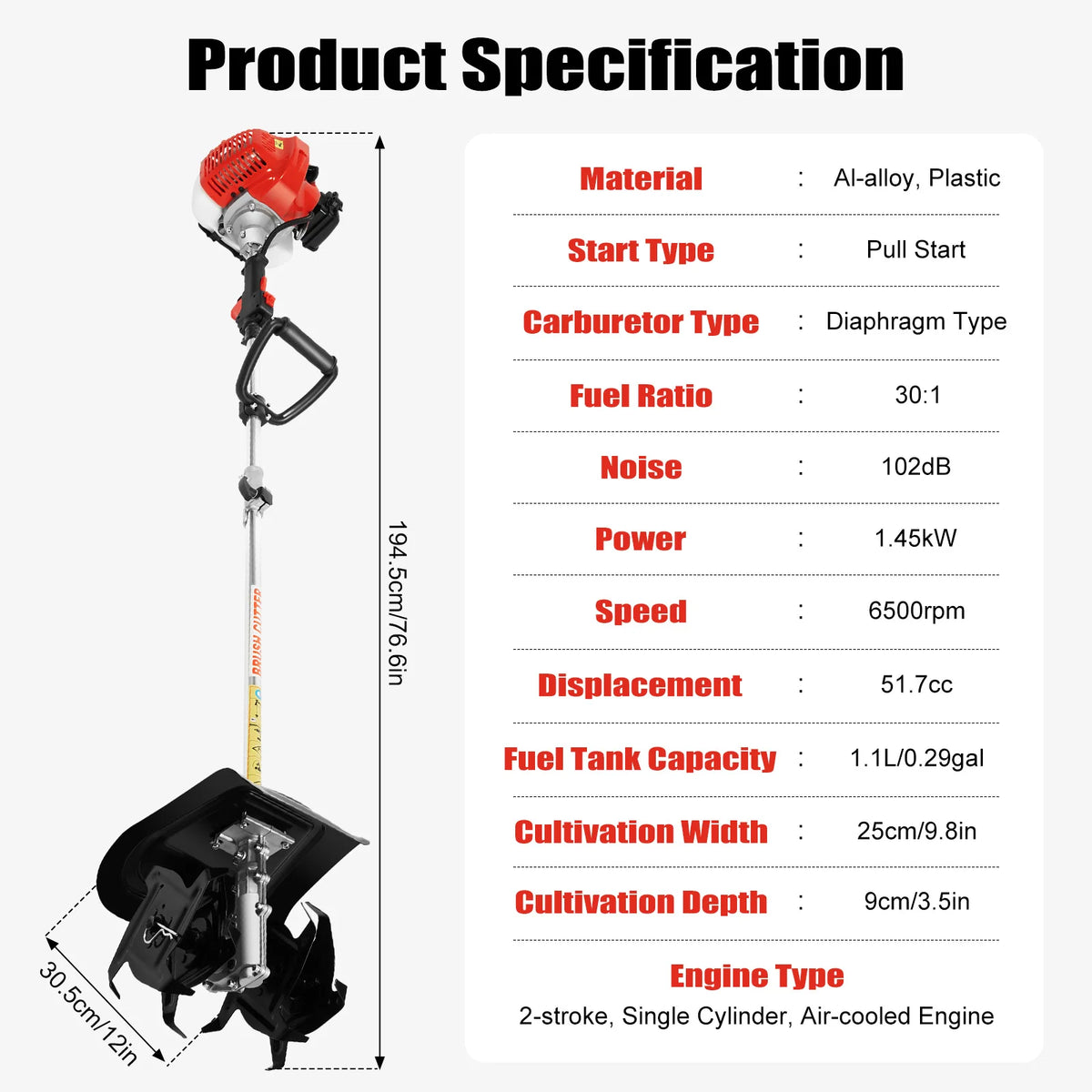 51.7cc Mini Gas Cultivator Cordless Garden Tiller 1.45kW 9 Inch Tilling Width 3.5 Inch Depth with 76.6in Long Pole for Soil Weeding