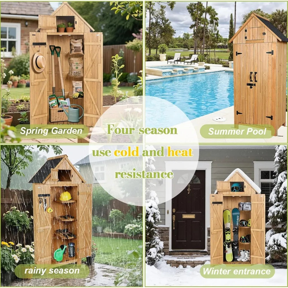 Wooden Outdoor Storage Shed, 70" Tall Double Doors Lockable Waterproof for Garden Backyard