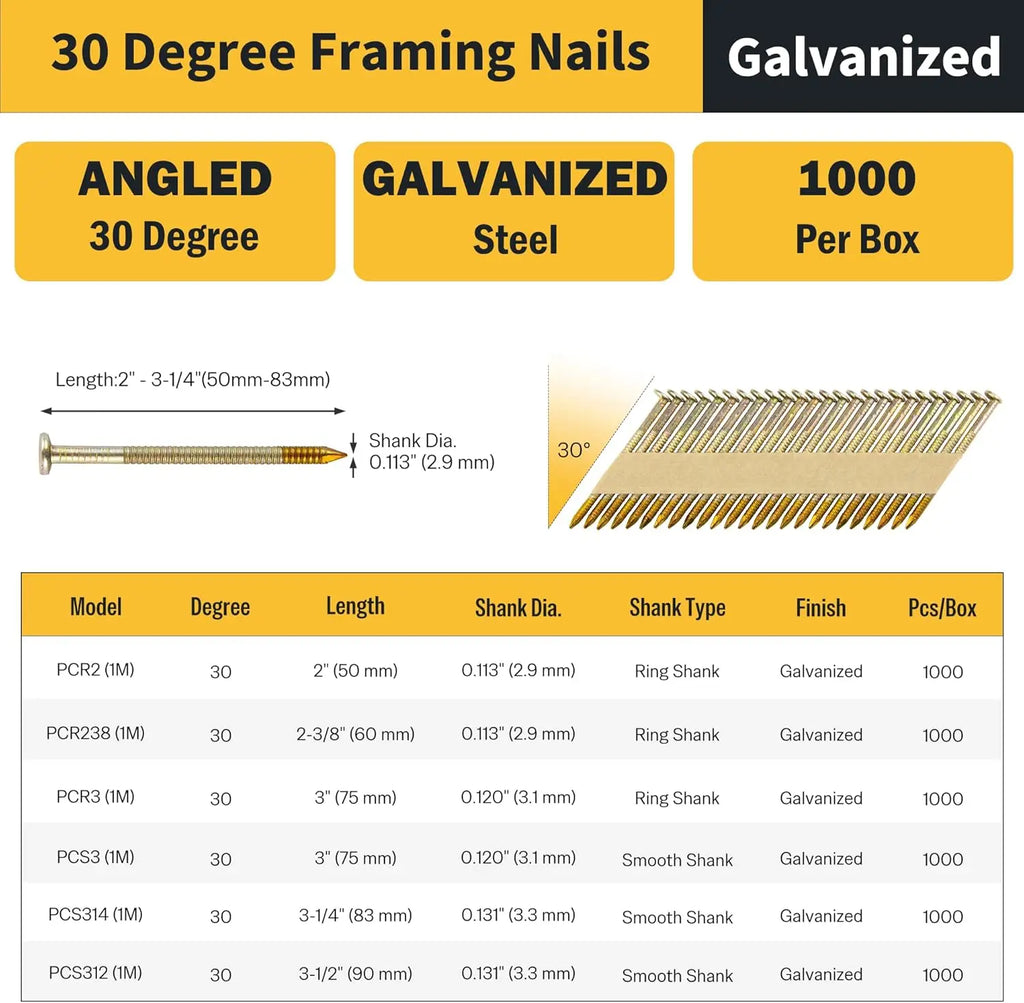 30 Degree Framing Nails, 2-3/8", 1,000PCS