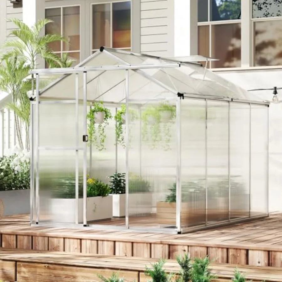 Greenhouse, 6 x 8 x 6.5FT Outdoor Polycarbonate Greenhouse w/ Sliding Door, Adjustable Roof Vent, Rain Gutter, Heavy-Duty Aluminum