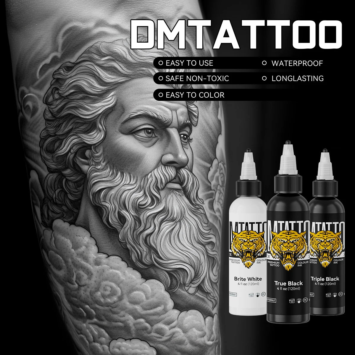 DM 120ml Tattoo Ink Pigment True Black/Triple Black/Brite White Professional Beauty Paints Makeup Tattoo Supplies Semi-permanent