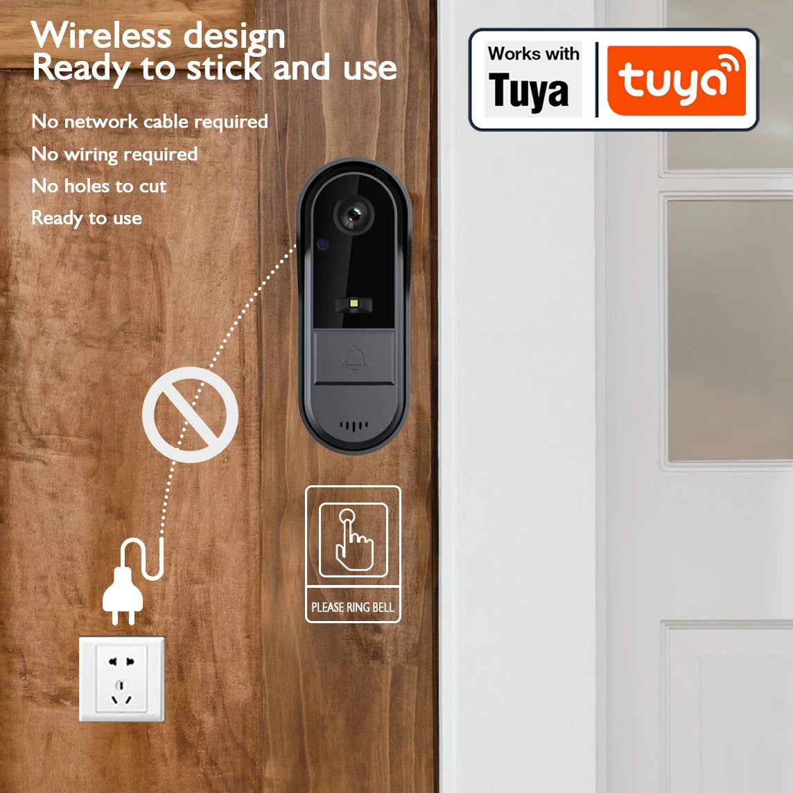 Tuya WiFi doorbell, 2-way HD 1080P, microSD/cloud, waterproof, 1000mAh battery, long standby, Wireless Security Camera