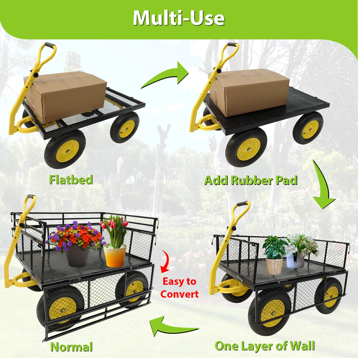1400 lbs Heavy Duty Steel Garden Utility Cart Wagon Removable Mesh Sides Flatbed 2 in 1 Handle 16 Inch Wheels Yard Farm