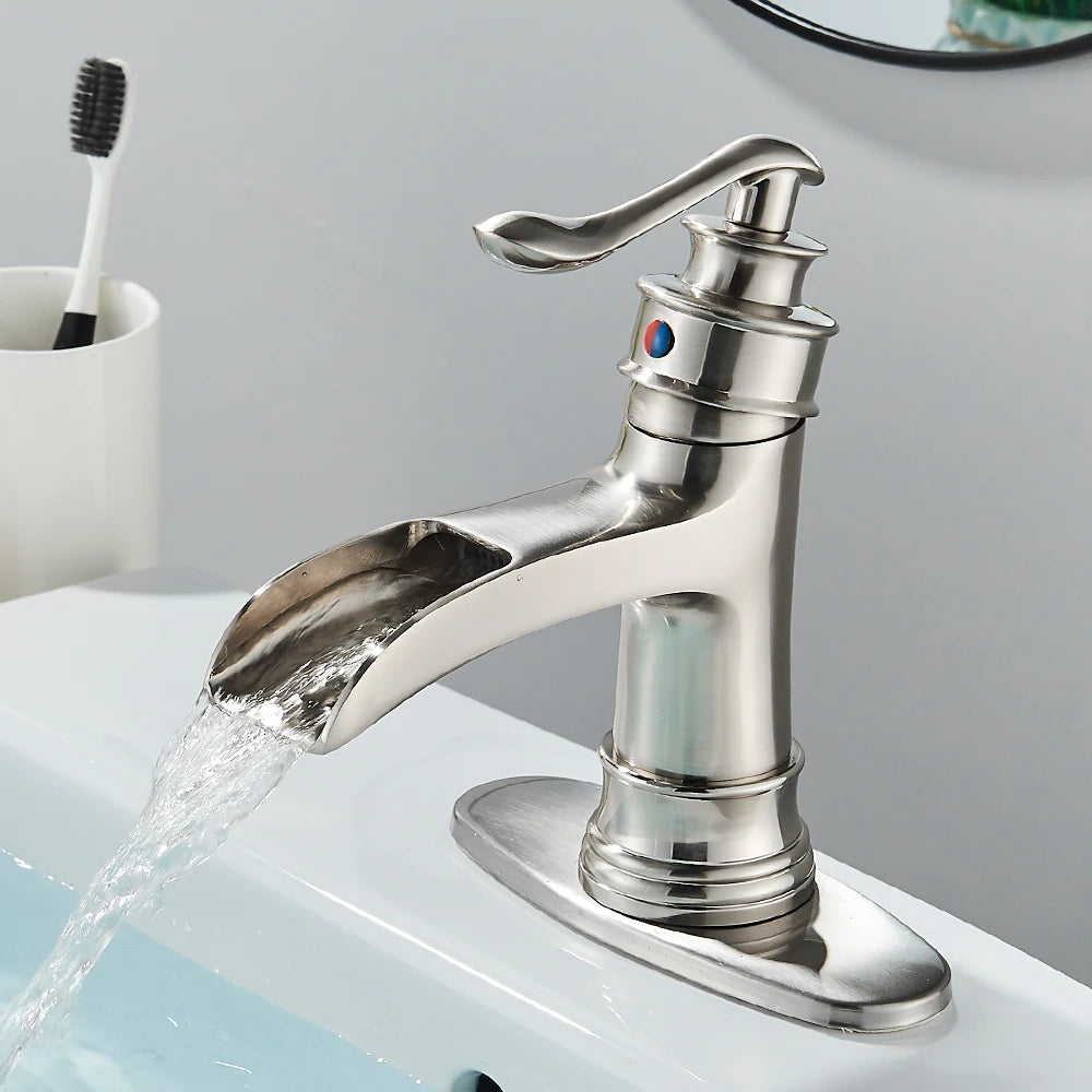 Waterfall Bathroom Sink Faucet, Single Handle, Brushed Nickle, Includes Stopper