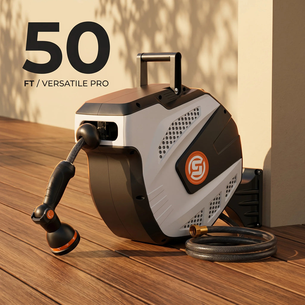 SUNPOW Retractable Wall Mounted Garden Hose Reel, Heavy-Duty 1/2 inch X 50ft, Leak-Proof 3/4 inch Brass Fitting, 10-Pattern Spray Nozzle, Any Length Lock, Auto Rewind, 180° Swivel Bracket for Garden Watering Car Washing, Gre