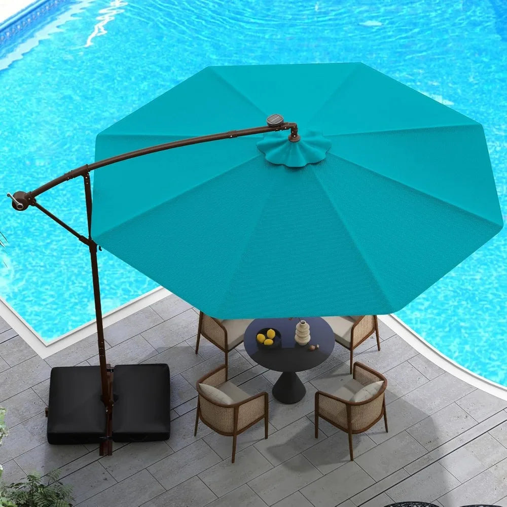 10FT Offset Patio Umbrella with Base Included, Outdoor Cantilever Umbrella with 32 Solar LED Lights, Tilt Adjustment, Crank Han