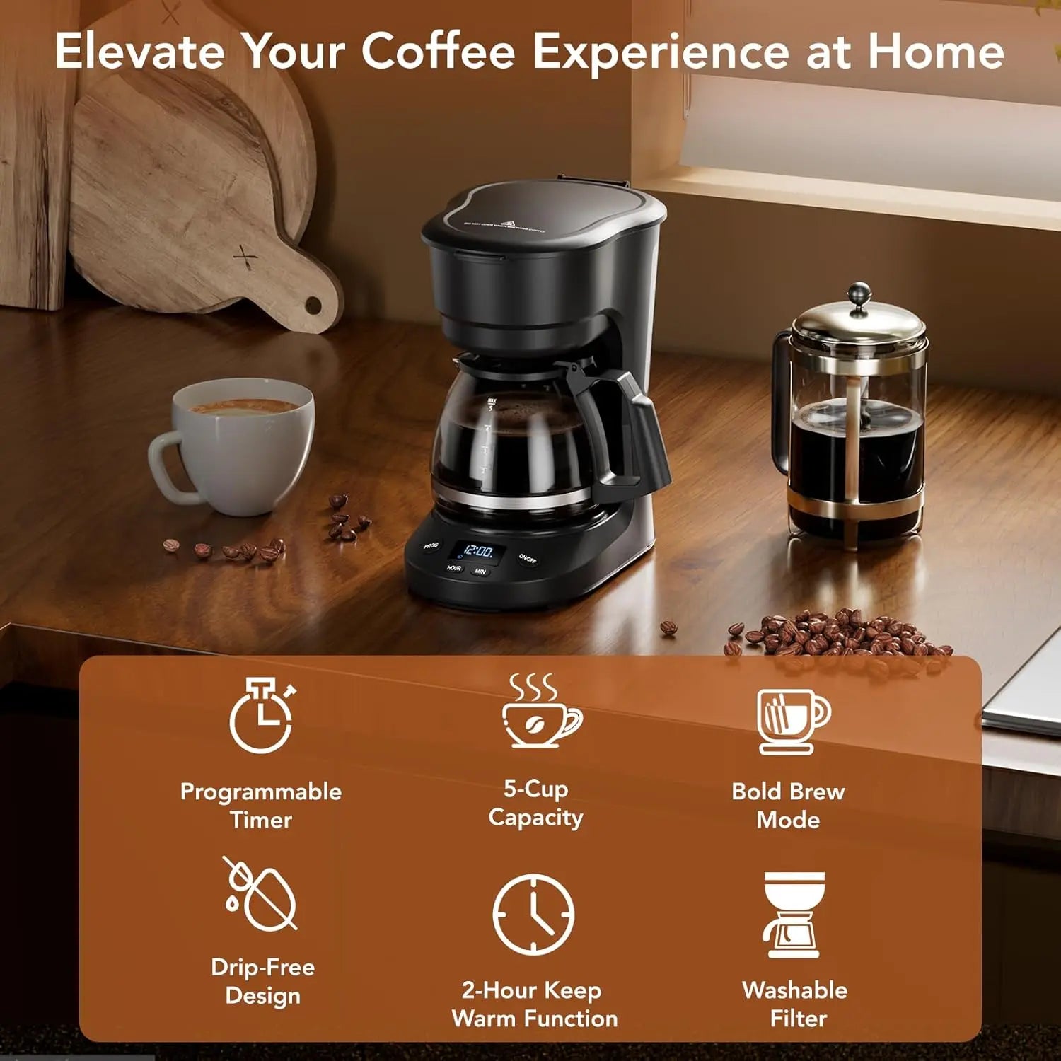Compact Coffee Machine,5 Cup Drip Coffee Maker with Timing Function,2H Auto Power-off, 2H Keep Warm, Pause & Serve, Reusable Filter
