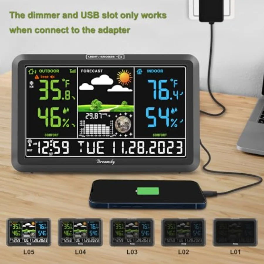 Weather Station Indoor Outdoor Thermometer Wireless with Digital Atomic Clock for Home, Large Display with Dimmer, USB Port, In
