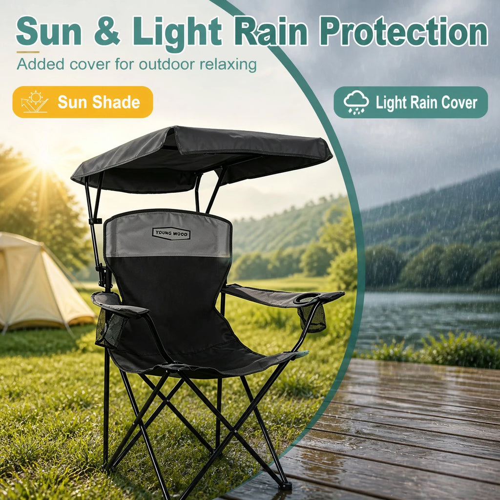 Black Portable Beach Chair with Cup Holder & Side Pocket, Duty Lawn Chair with Carry Bag for Camping, Beach, Fishing, Patio, Hiking, YOUNG WOOD Outdoor Folding Camping Chair with Adjustable Canopy