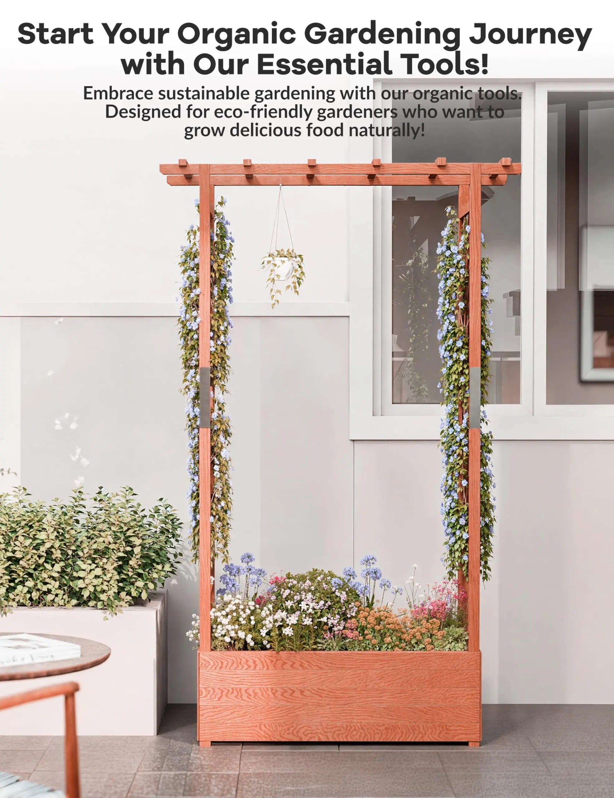 Wooden Raised Garden Bed with Trellis/Canopy/Drainage Hole Freestanding Planter Box for Climbing Plants Vines Blossoms