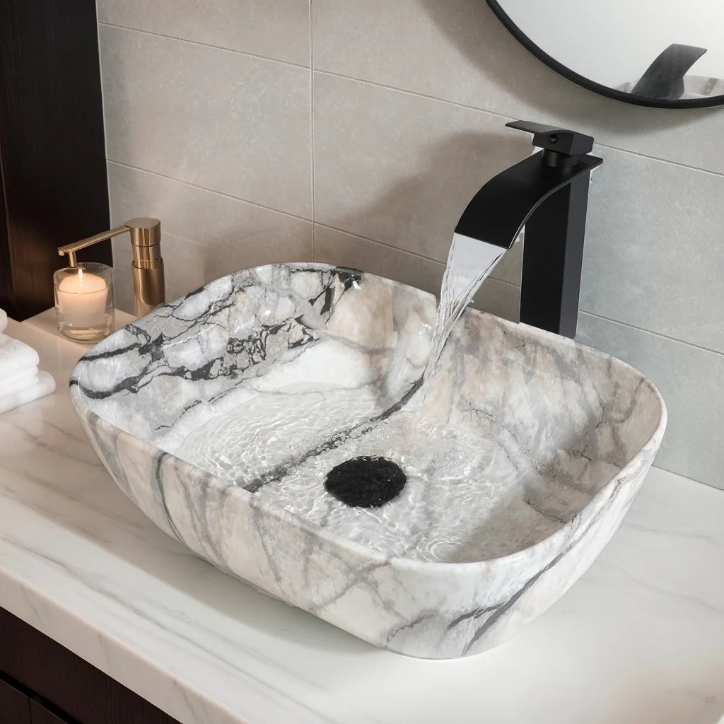 ZAPPO Artistic Marble Pattern Ceramic Sink Set, Black Matte Faucet Combo, Modern Bathroom Above-Counter Basin.