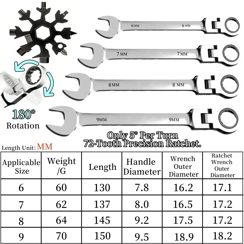 Flexible Ratcheting Combination Wrench Set, 6-17mm Metric Key Wrench Ratchet Spanner Metric Hand Tool Sets, Car Repair Tools