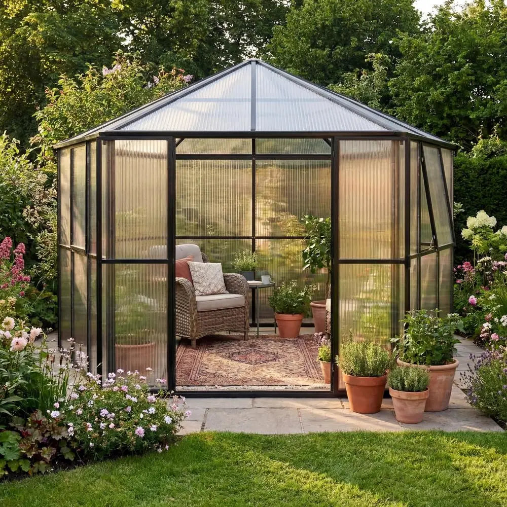 FT Polycarbonate Greenhouse for Outdoors, Hexagon Heavy Duty Walkin Greenhouse with Aluminum Frame, Lockable Door amp Adjustabl