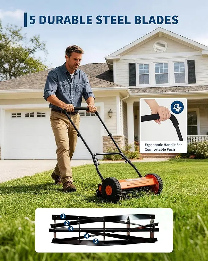 16" Push Lawn Mower, Manual Hand Push Lawn Mower Without Grass Catcher, Red Portable Walk-Behind Mower for Yards, Garden
