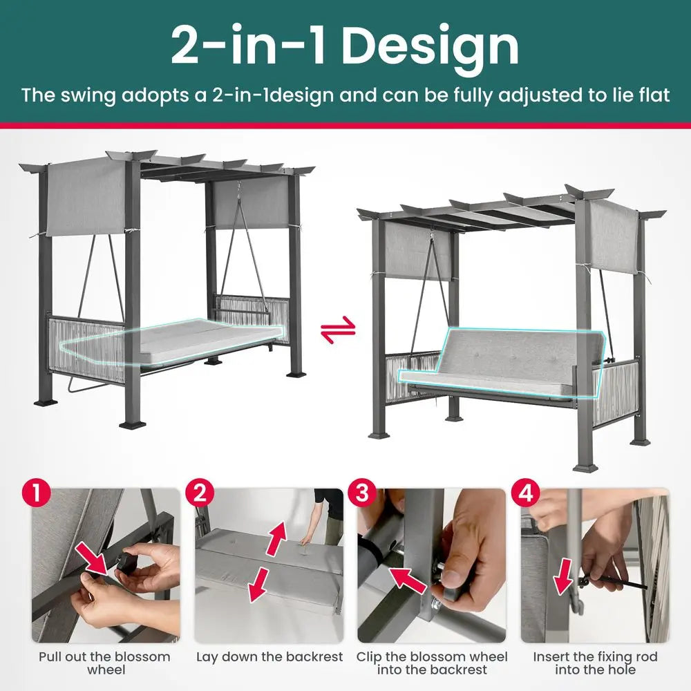 Seat Pergola Swing Bench, 2in1 Porch Swing Bed, Garden Swing Adjustable UV Canopy amp Curtains, Olefin Cushions, 330 lb Seat, R