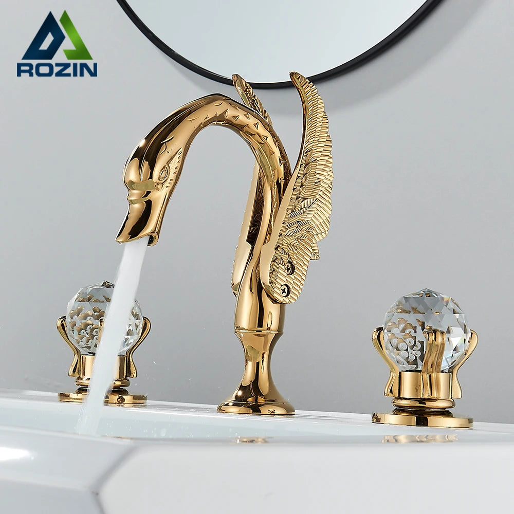 Gold Swan Bathroom Sink Faucet With Dual Crystal Handles, Deck Mount