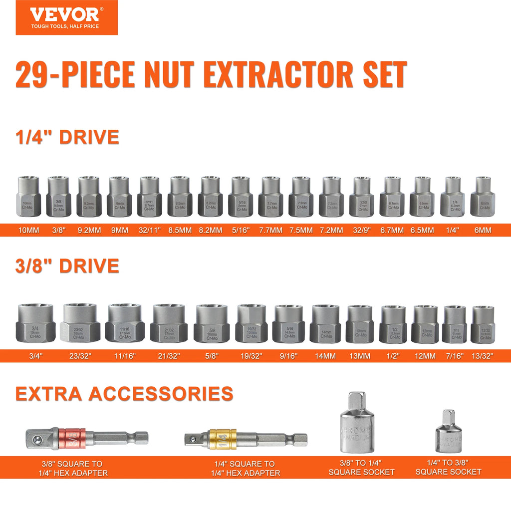 SucceBuy 29PCs Bolt Extractor Set Bolt and Nut Remover Set 6mm-10mm 13/32" to 3/4" CR-MO Steel Extraction Socket Set with Case