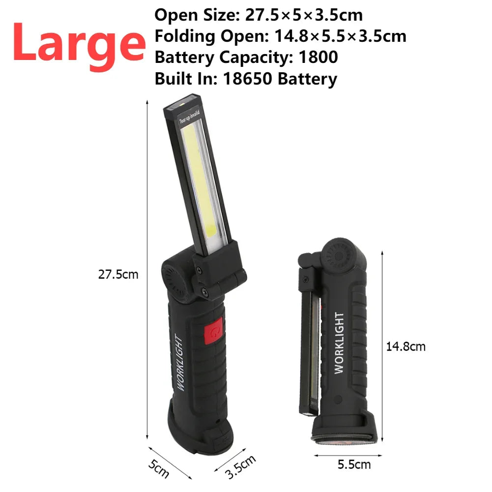COB High Power LED Flashlight, USB Rechargeable, Hanging Hook, Magnet, 5 Modes