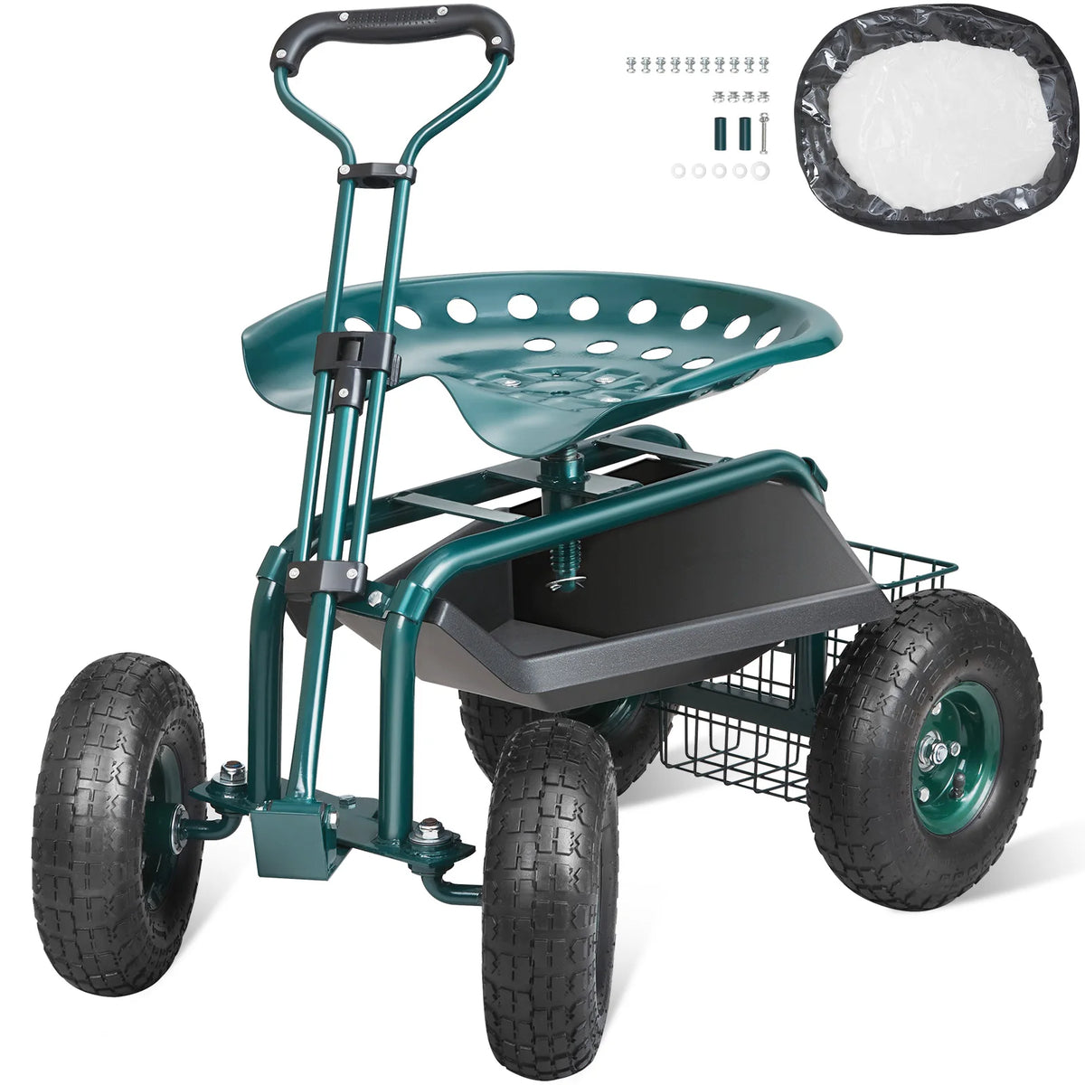 SucceBuy Garden Cart Rolling Work seat with Wheels Gardening Stool for Planting 360Degree Swivel Seat Wagon Scooter with Steering Wheel