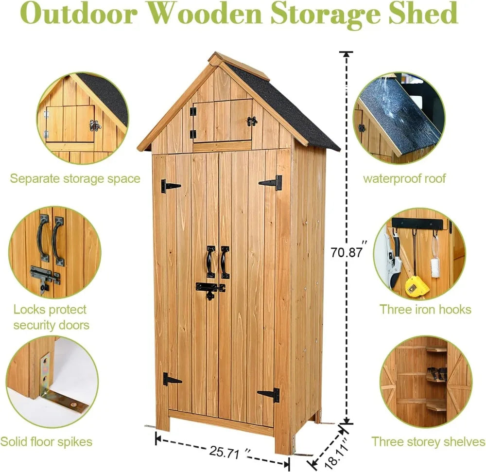 Wooden Outdoor Storage Shed, 70" Tall Double Doors Lockable Waterproof for Garden Backyard