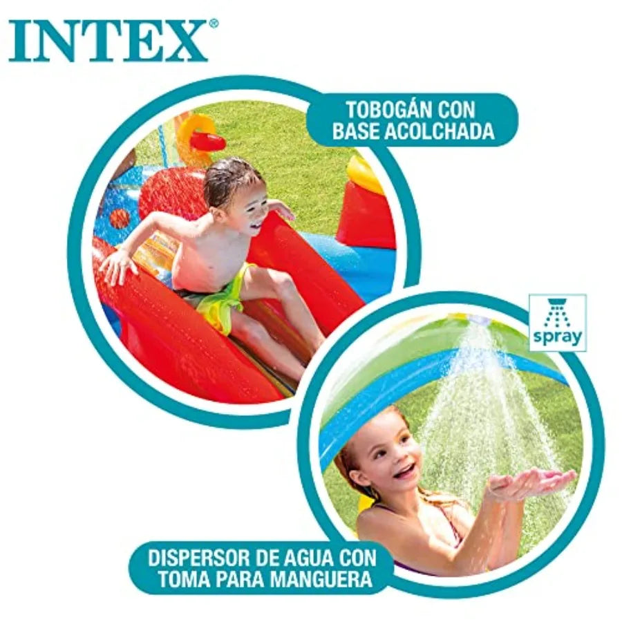 Intex 9.75 Foot x 6.3 Foot x 53 Inch Multicolor Rainbow Slide Inflatable Pool with Water Slide and Ring Toss