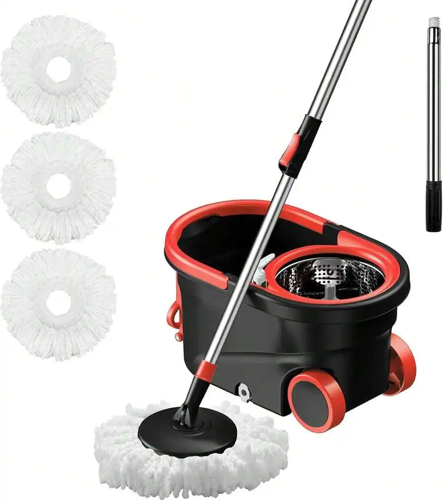 Spin Mop And Bucket With Wringer Set, 360° Rotating Head Mop Bucket System With 3 Microfiber Mop Refills Wet