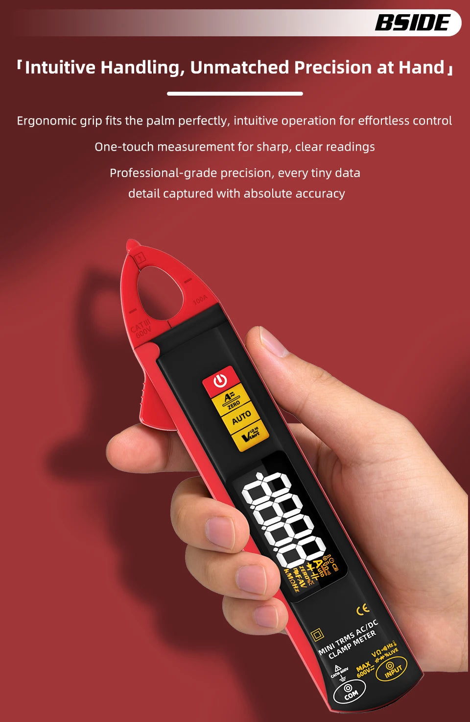 BSIDE Clamp Multimeter True RMS 6000, DC/AC 100A 1mA Auto Current Meter, Intelligent Burn-Proof Digital Clamp Meter for Electricians