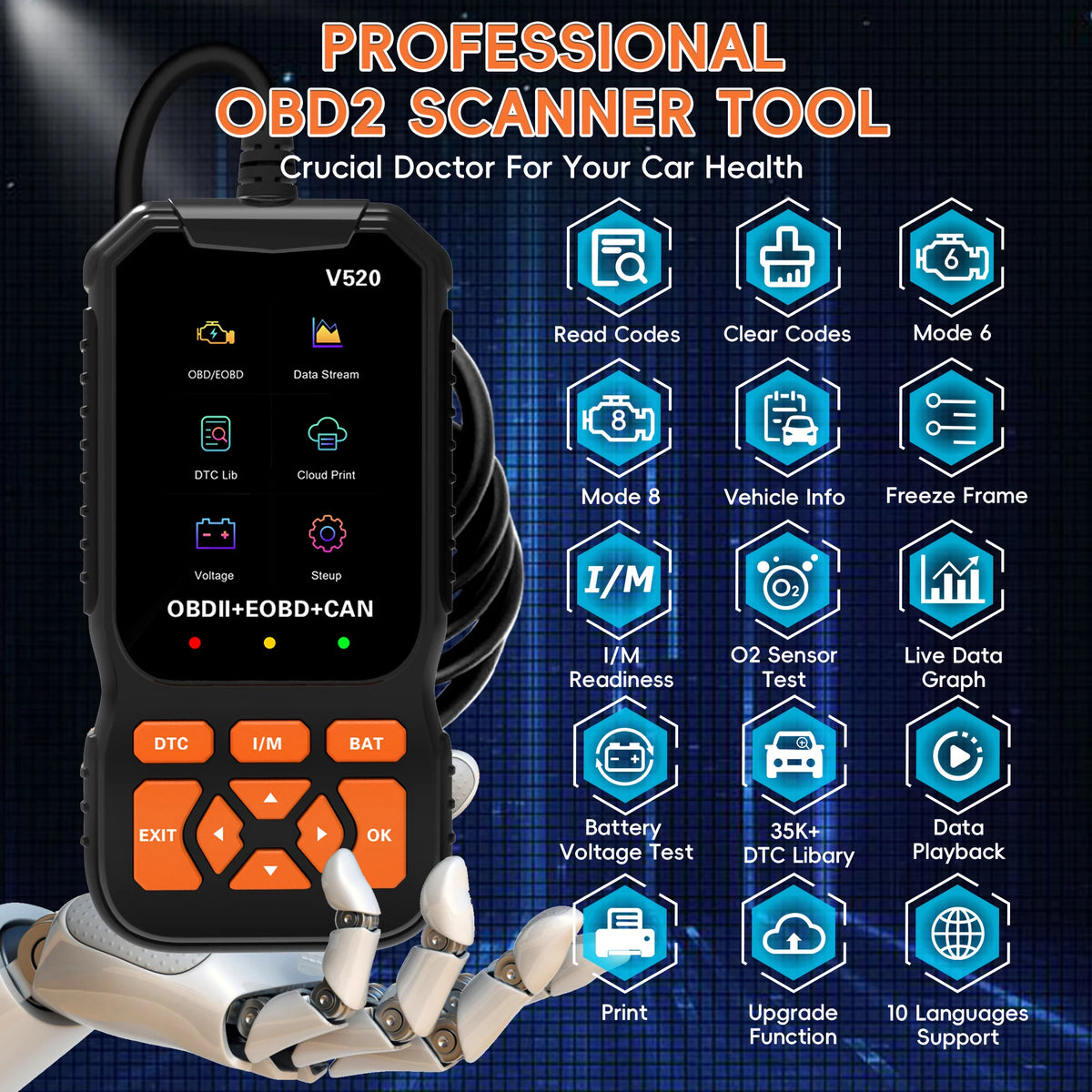 V520 OBD2 Scanner Diagnostic Tool Code Reader for All OBDII Cars | Read & Clear Engine Codes, Live Data Stream, Battery Test, I/M Readiness, O2/EVAP Test, OBDII/EOBD