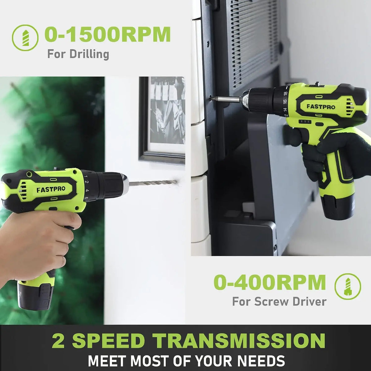 12V Cordless Drill Set, Home Tool Kit with Tool Box, Green - 19+1 Clutch, 2-Speed