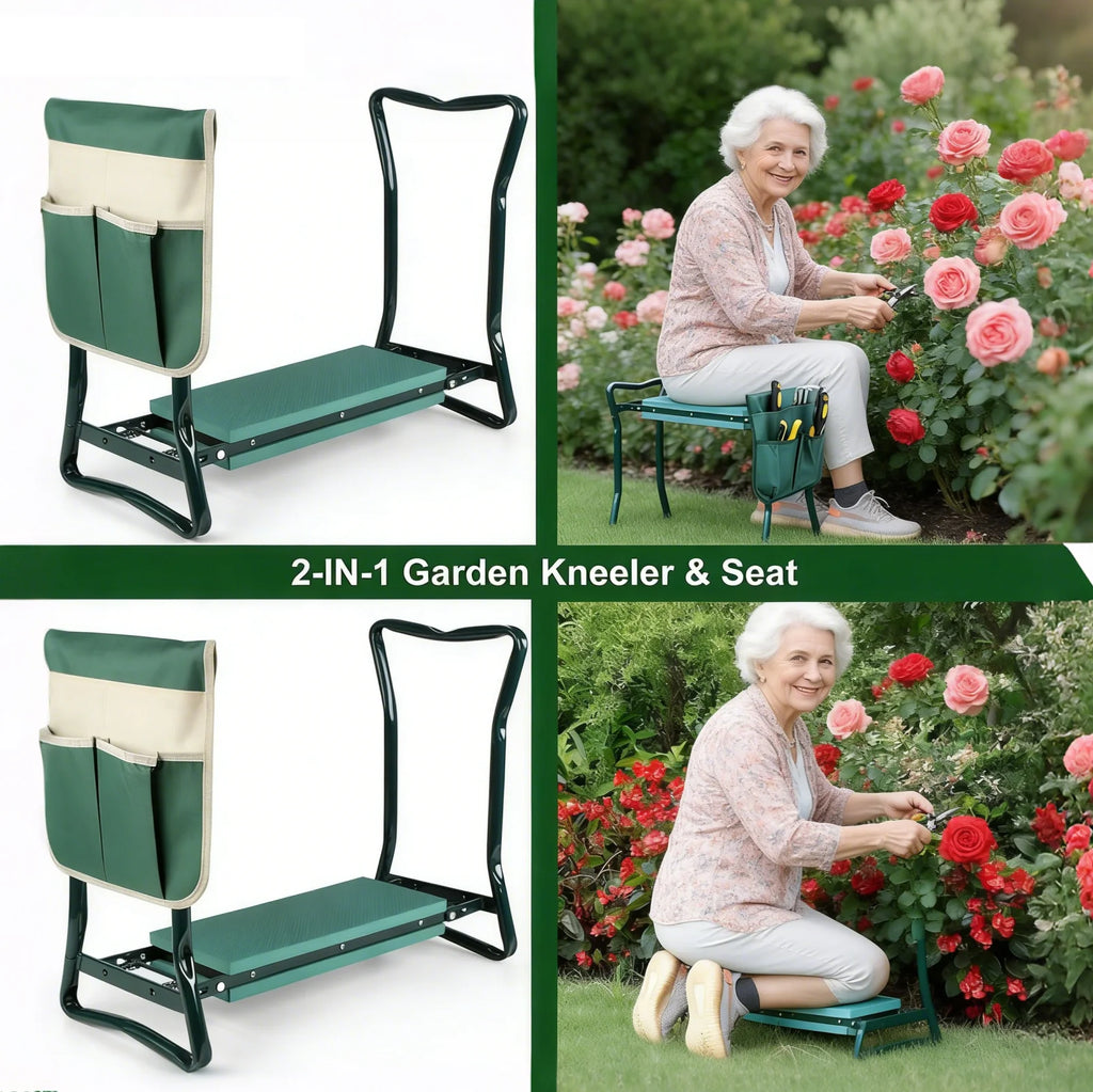 Foldable 2-in-1 Garden Kneeler and Seat with Detachable Tool Storage Bag, Heavy Duty Gardening Stool