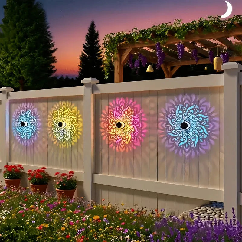 1/2 piece outdoor solar table lamp, mandala perforated pattern colored light changing wall lamp, solar landscape lamp projection, suitable for garden columns, terraces, backyards decoration and Christmas sunlight decoration,