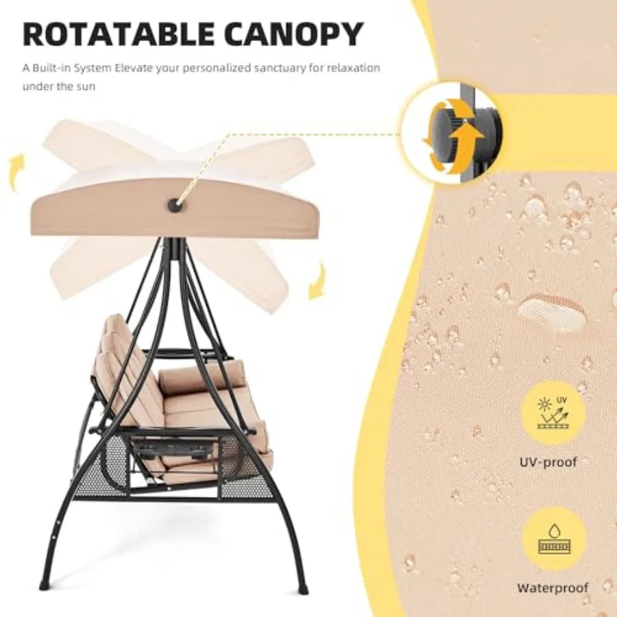 3 Person Outdoor Porch Swing with 1.5" Upgraded Cup Holder, Adjustable Canopy, Backrest, Patio Swing Bed with Weather Resistant Fabric