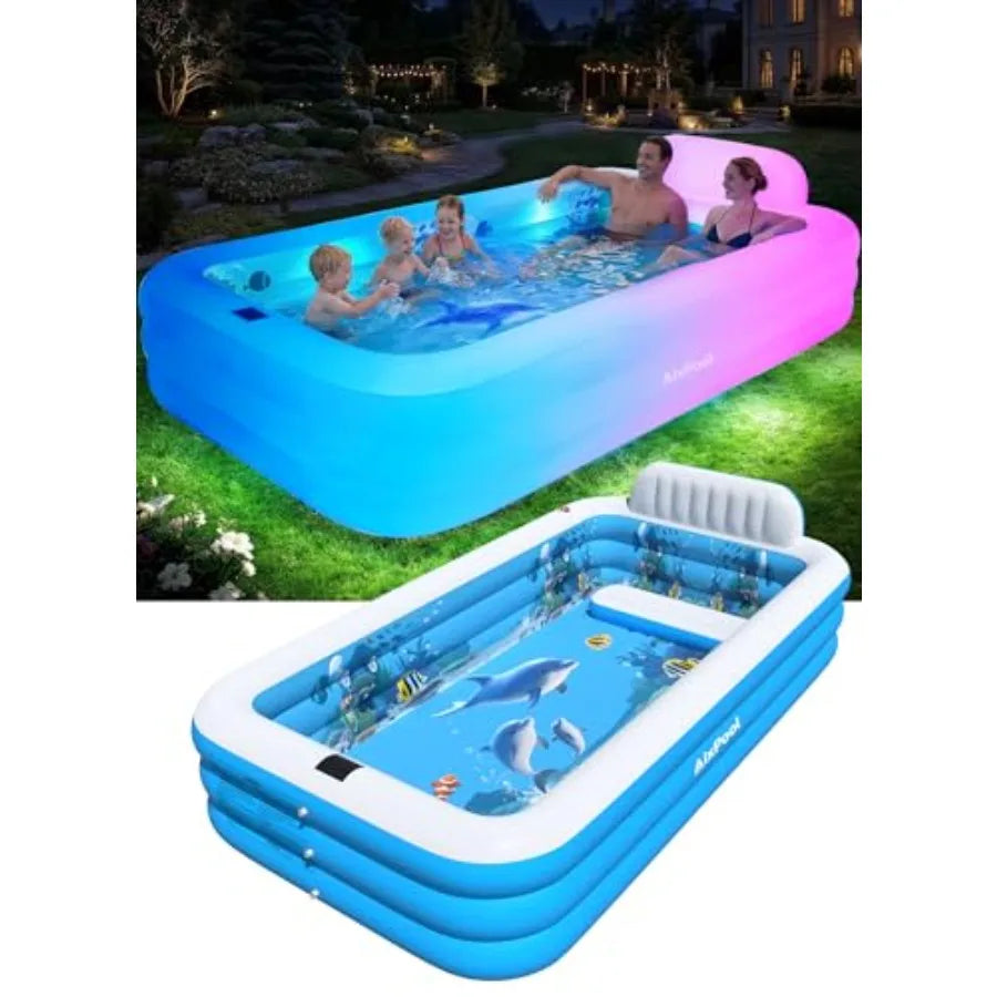 AlxPool Extra Large Inflatable Pool with Lights PVC Blue Solar-Powered LED Lighting Built-in Seat/Backrest for Backyard Use 120"x73"x20"