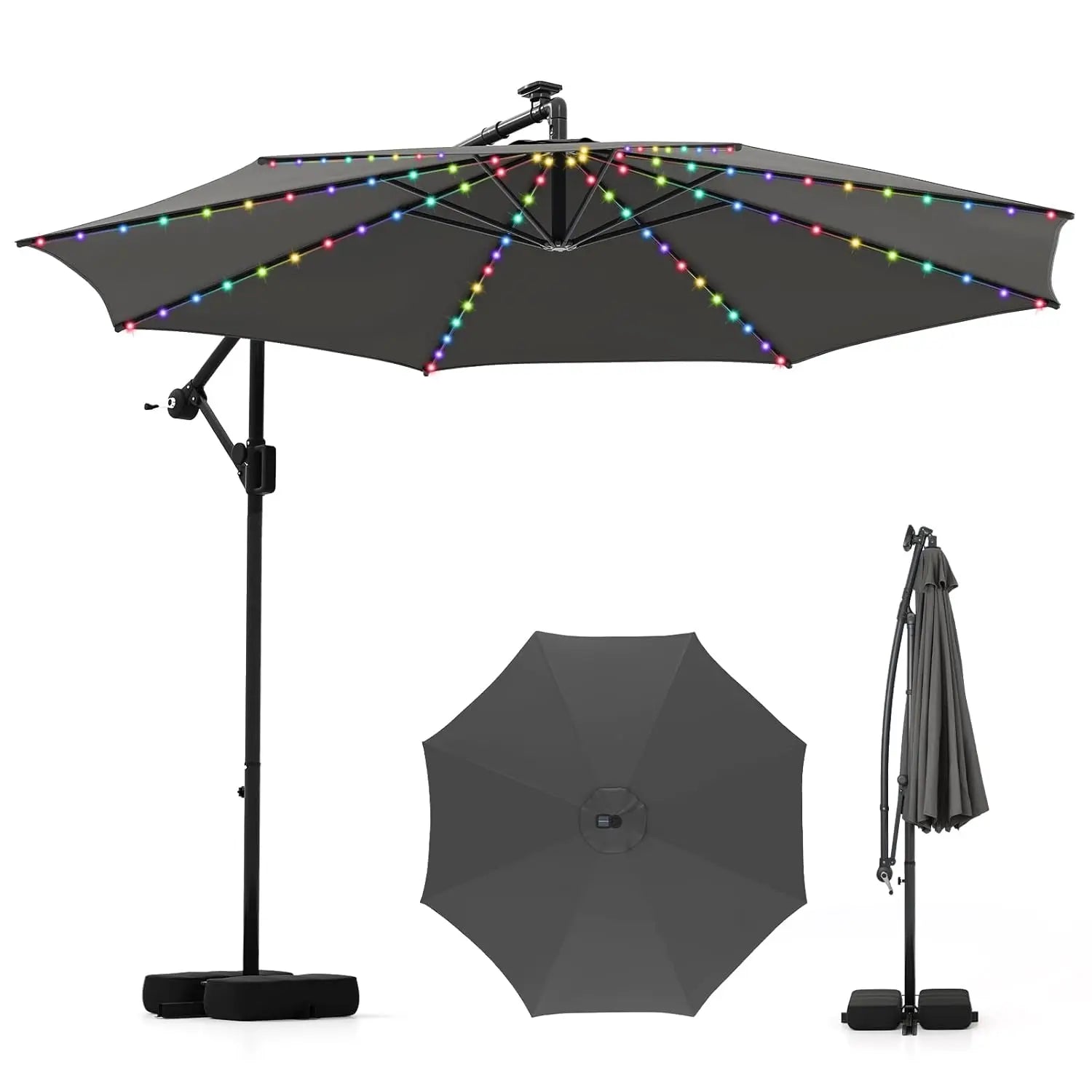 10 FT Solar Patio Umbrella with Base Included, Cantilever Offset Hanging Outdoor Umbrella with 96 Multi-Colored Solar Lights