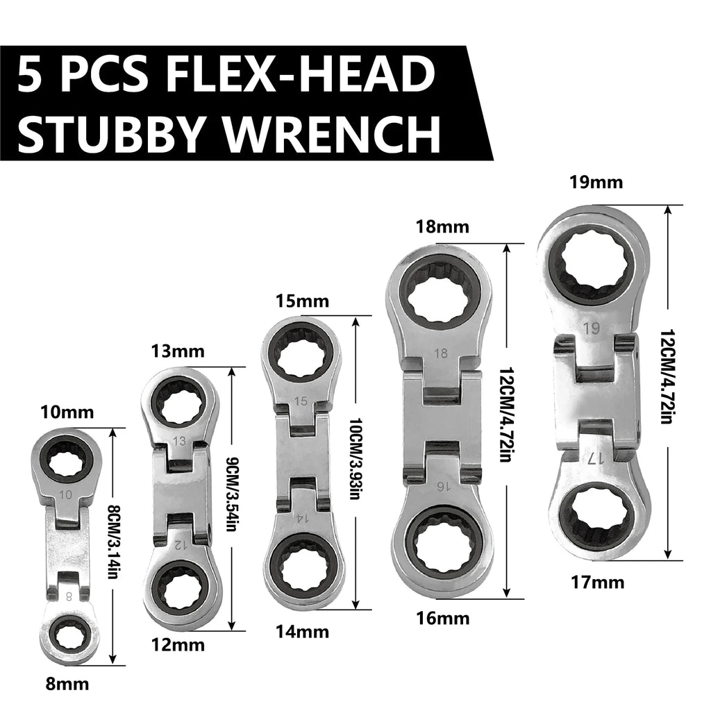 GOSWIFT 5pcs Dual Flex Head Ratcheting Wrench Set, Double Box End, Flex-Head, Stubby Metric Combination Wrench Set