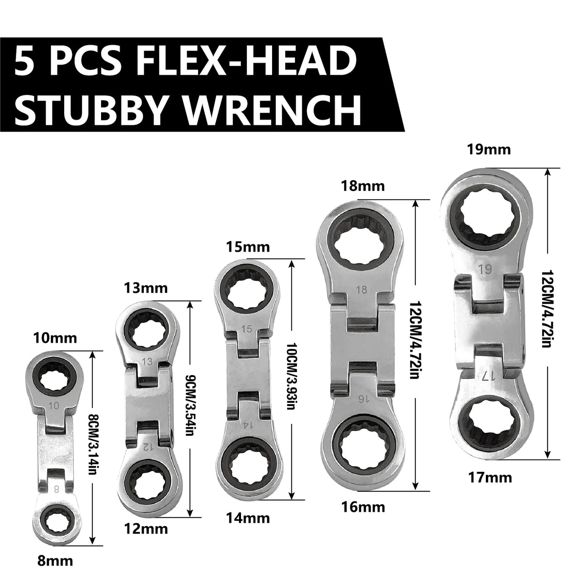 GOSWIFT 5pcs Dual Flex Head Ratcheting Wrench Set, Double Box End, Flex-Head, Stubby Metric Combination Wrench Set