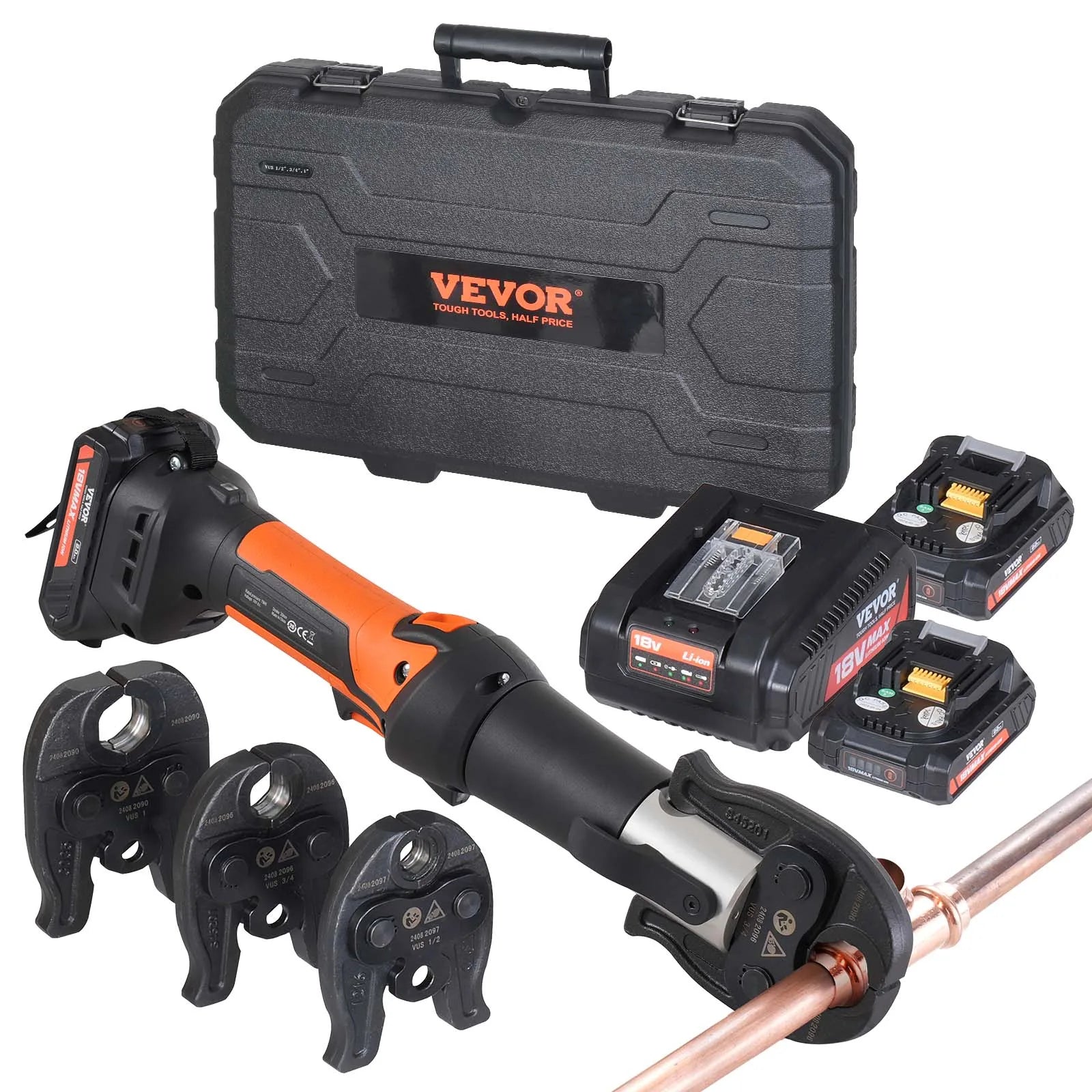 18V Electric Crimping Tool, 1/2" 3/4" 1" Copper Pipes Press Tool Kit w/3 Jaws, 2 Batteries