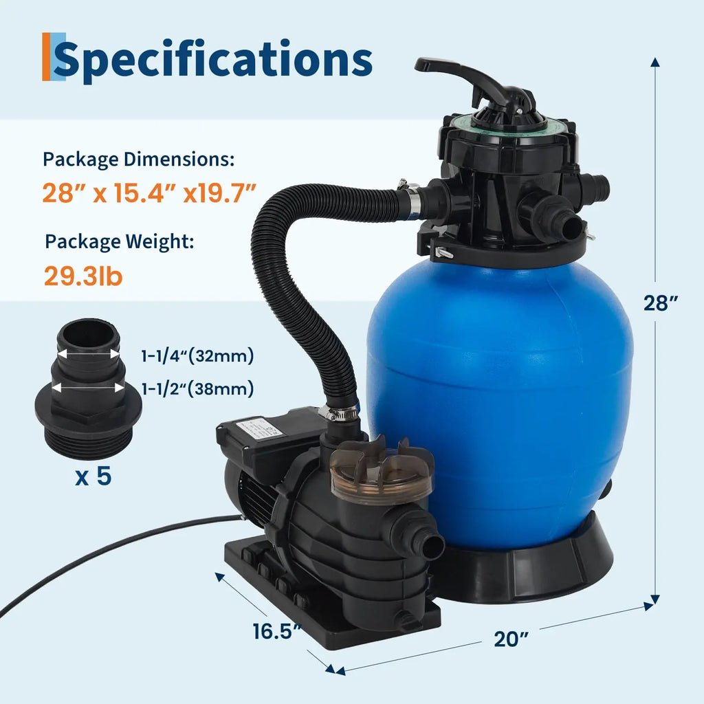 HiMiss 13'' Sand Filter Pump For Above Ground Pool, 3/4HP 3435GPH Pool Pump & Filter System With 7-Way Valve And Strainer Basket