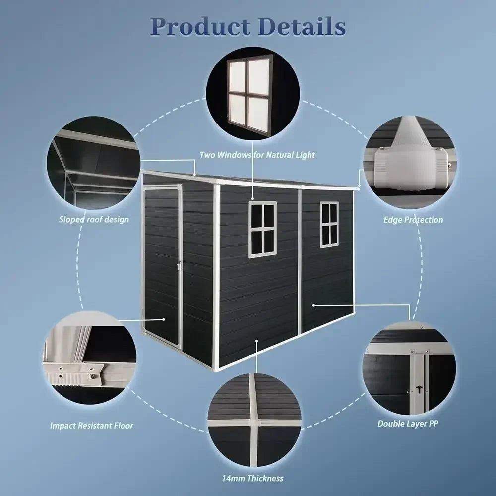 4x8 Outdoor Resin Storage Shed with Floor, 2 Windows, Ideal for Garden Tools and Bicycle Storage