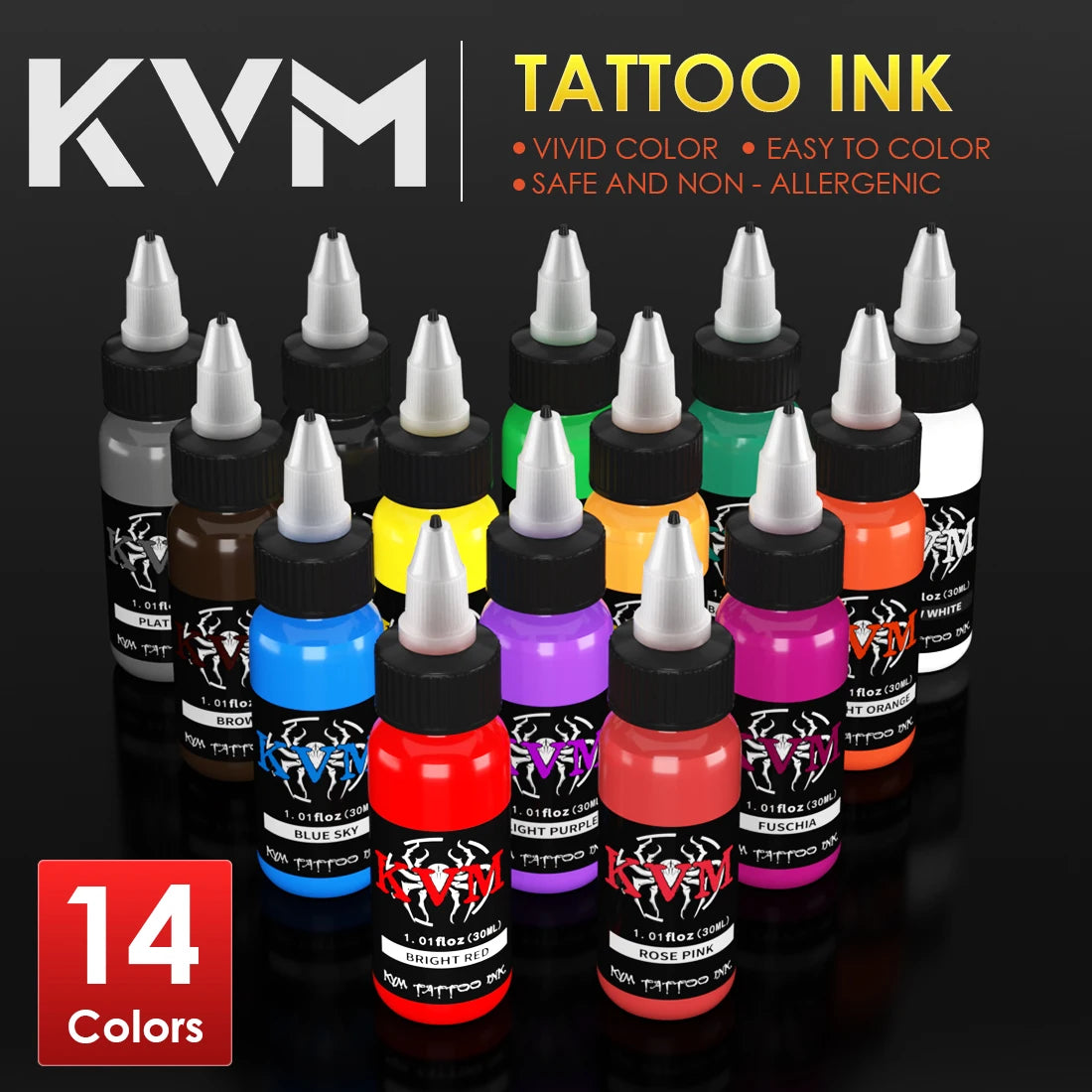 KVM 1oz (30ml) 7/14 Colors Professional Tattoo ink, Body Art Natural Plant Micro Pigment, Permanent Tattoo Ink For Body Paint