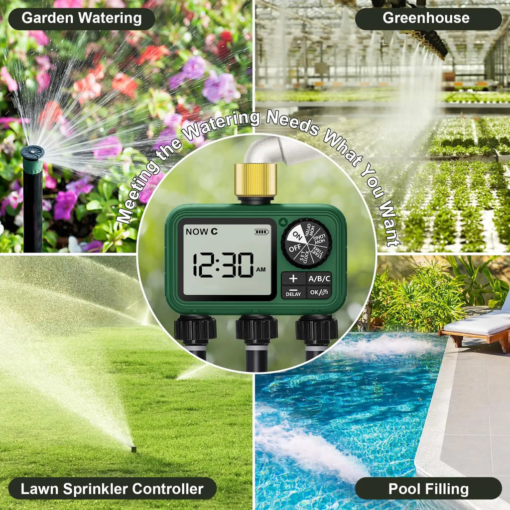 3-Zone Programmable Sprinkler Timer, Automatic Irrigation System with Rain Delay & Manual Watering, Brass Inlet Controller for Garden & Lawn